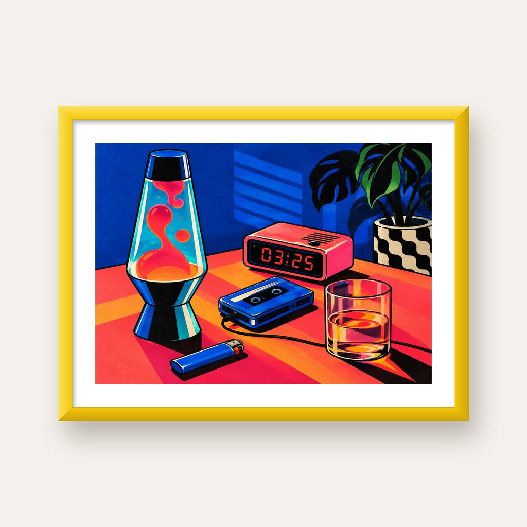 Retro Masa Üstü Objeleri Poster – Canlı Renkli Dijital Tasarım — sarı çerçeveli paspartulu
