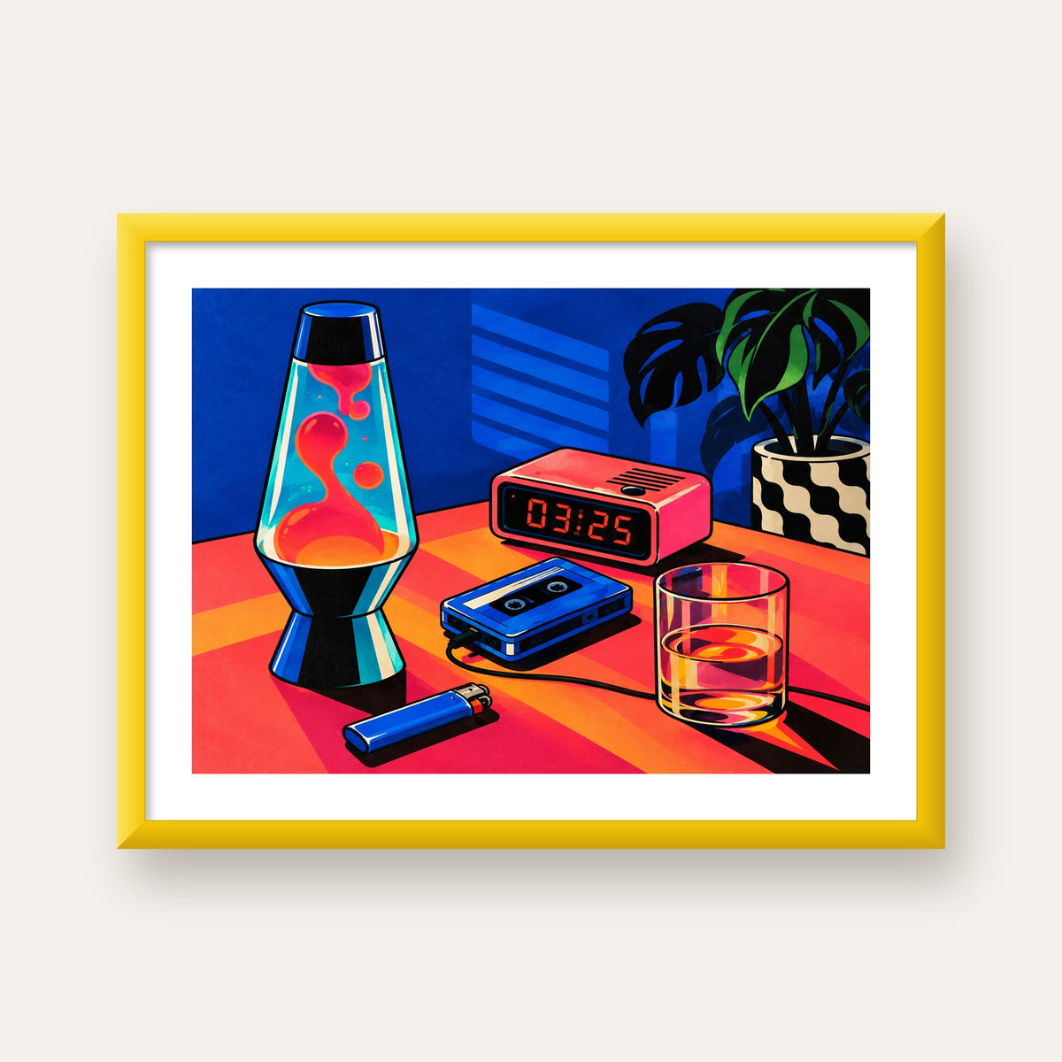 Retro Masa Üstü Objeleri Poster – Canlı Renkli Dijital Tasarım — sarı çerçeveli paspartulu