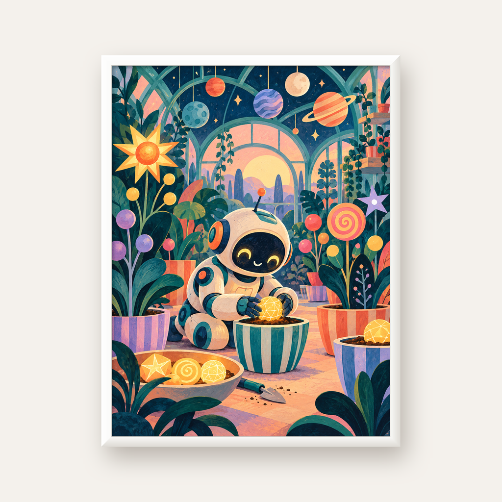 Robot ve Uzay Temalı Fantastik Bahçe Serası Poster — beyaz çerçeveli dikey poster
