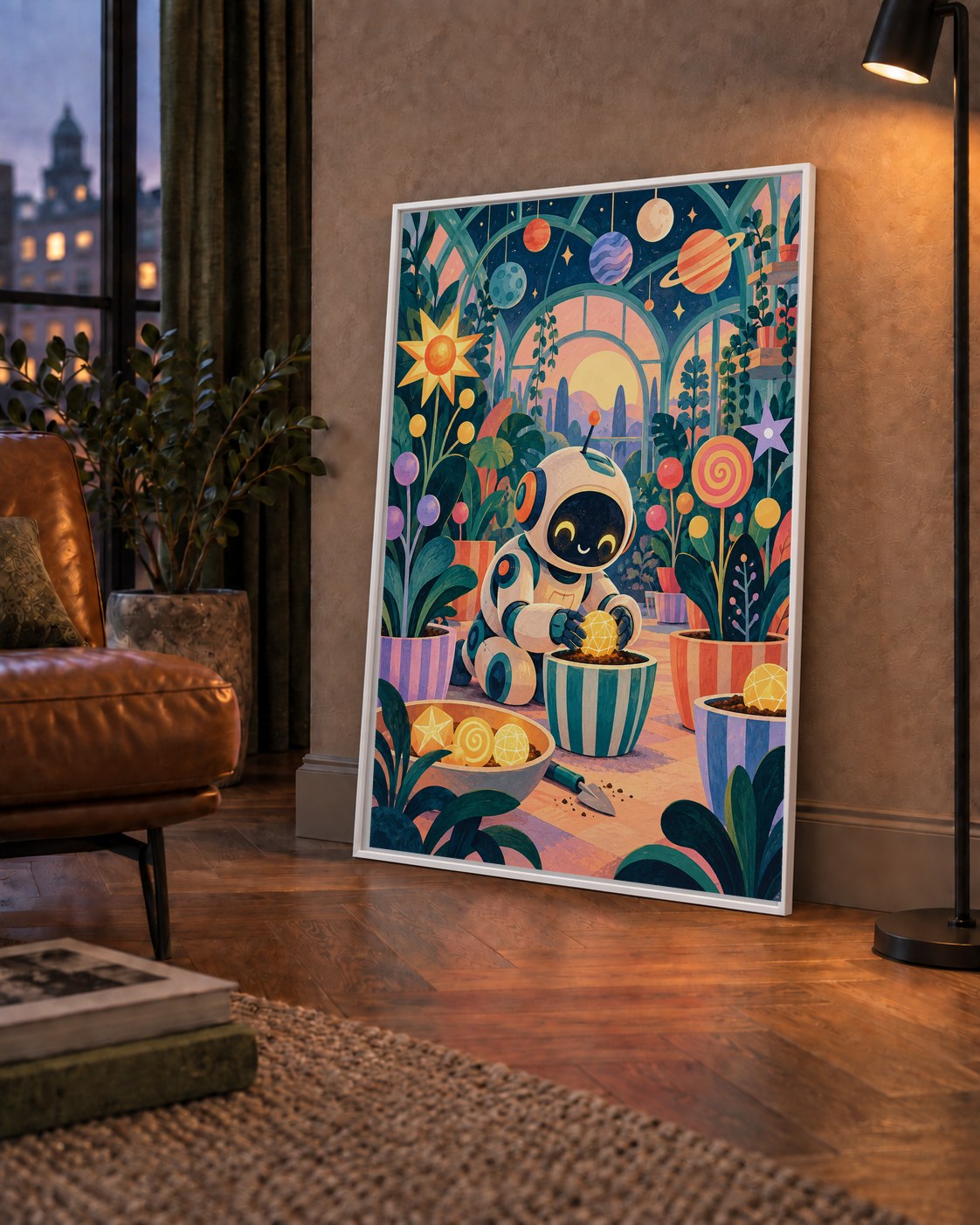 Robot ve Uzay Temalı Fantastik Bahçe Serası Poster — çerçeveli hâliyle bir ev duvarında