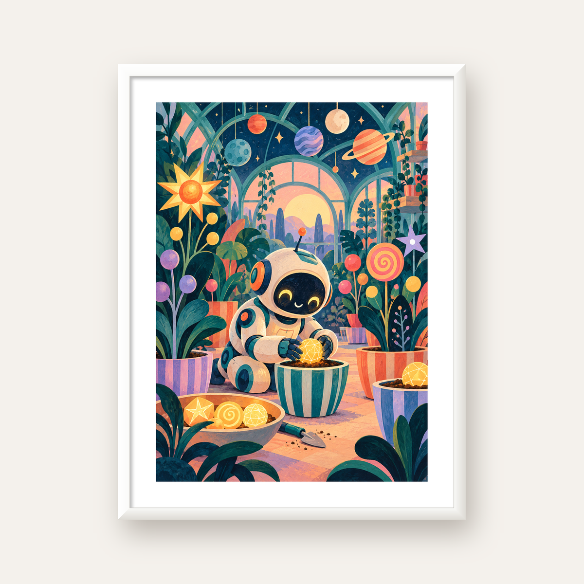 Robot ve Uzay Temalı Fantastik Bahçe Serası Poster — beyaz çerçeveli dikey poster
