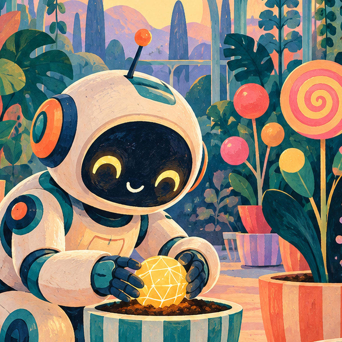 Robot ve Uzay Temalı Fantastik Bahçe Serası Poster — baskının yakın çekimi, kâğıt dokusu ve renk detayı