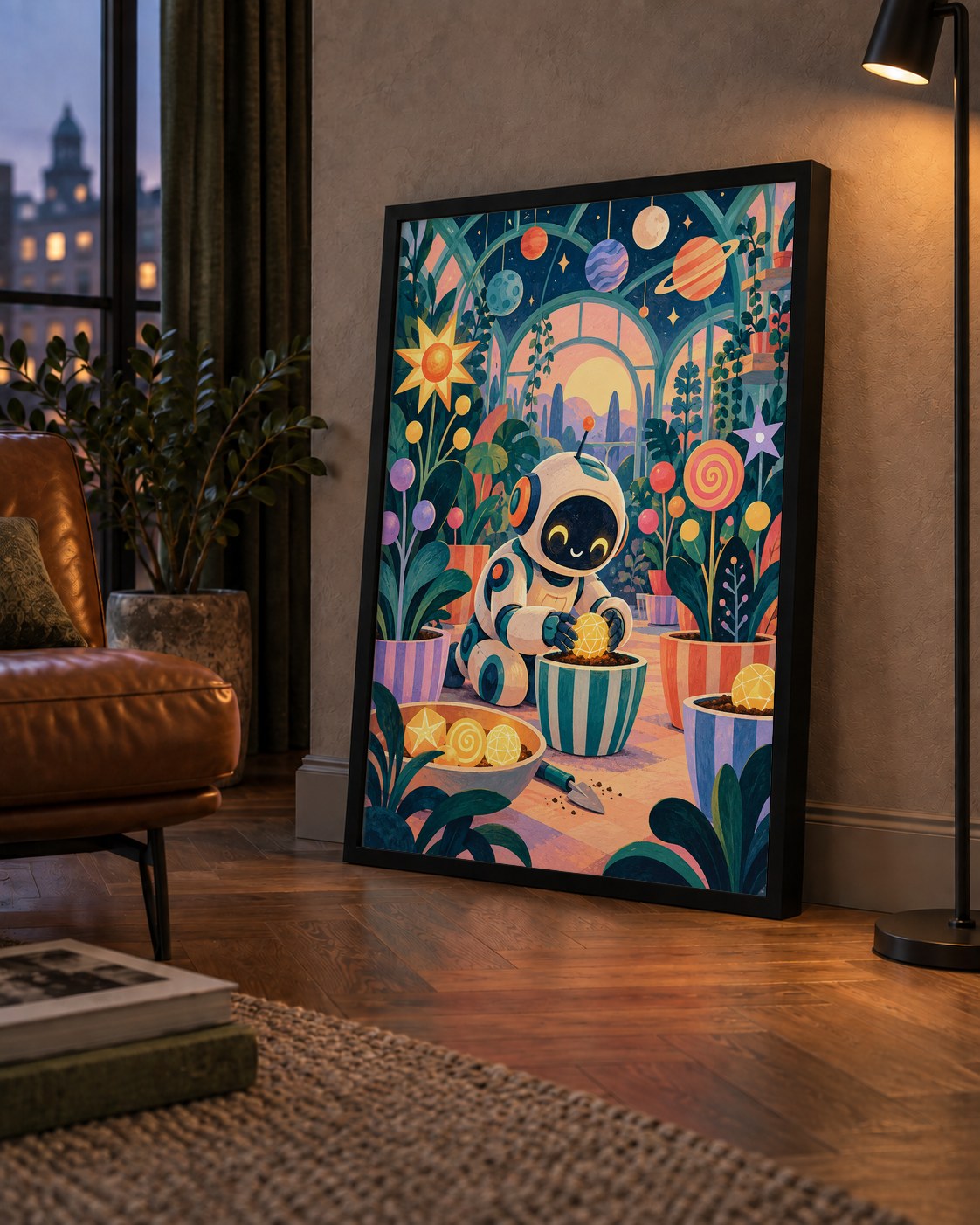 Robot ve Uzay Temalı Fantastik Bahçe Serası Poster — çerçeveli hâliyle bir ev duvarında