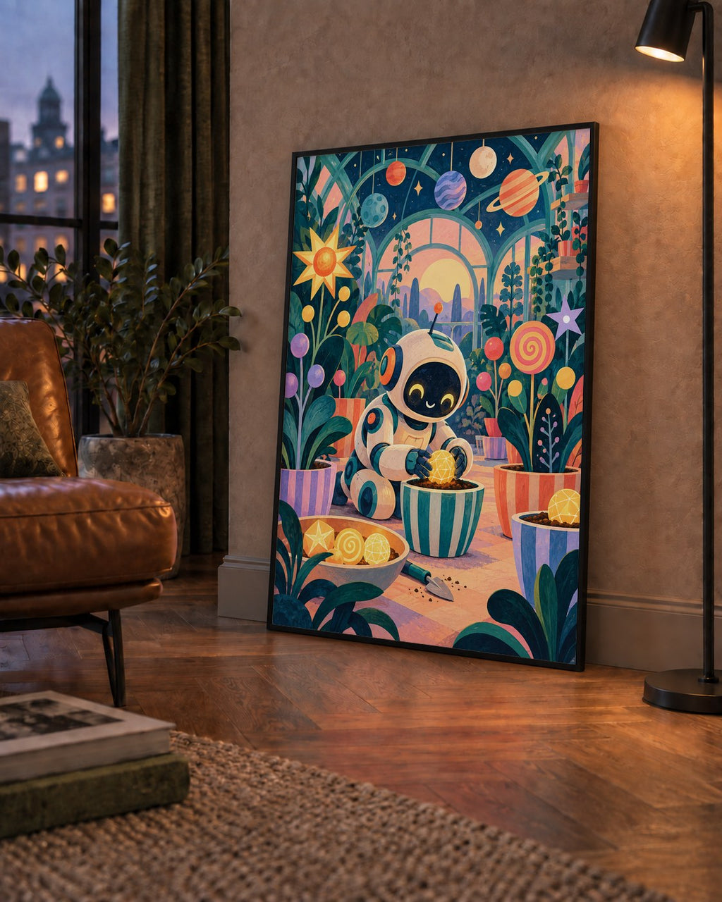 Robot ve Uzay Temalı Fantastik Bahçe Serası Poster — çerçeveli hâliyle bir ev duvarında