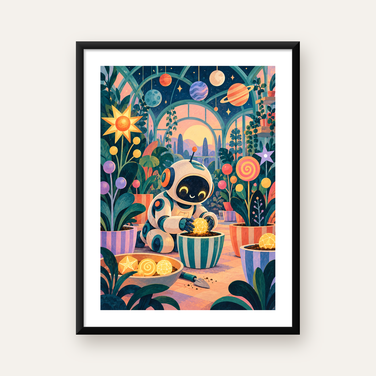 Robot ve Uzay Temalı Fantastik Bahçe Serası Poster — Dikey baskı, beyaz paspartulu
