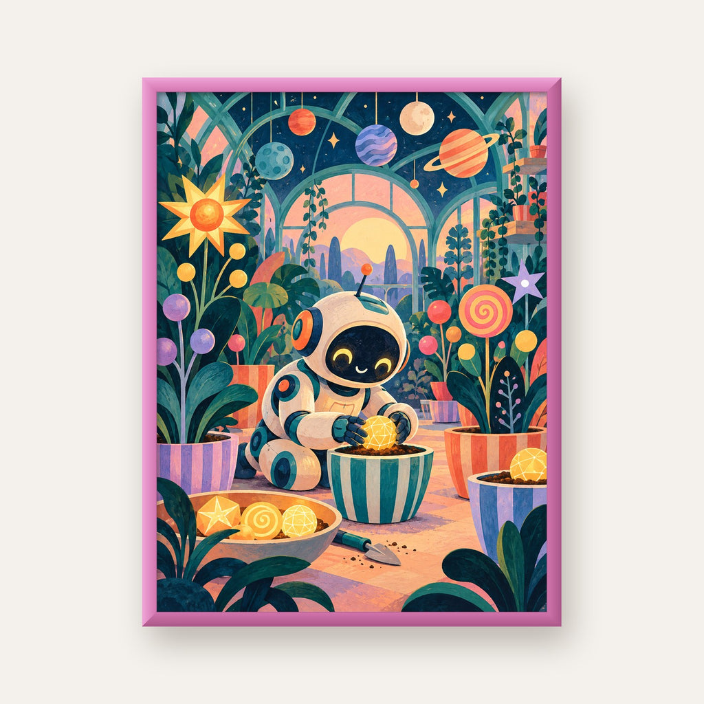 Robot ve Uzay Temalı Fantastik Bahçe Serası Poster — pembe çerçeveli