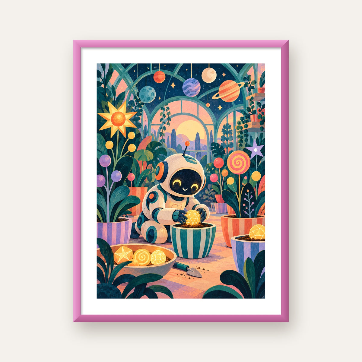 Robot ve Uzay Temalı Fantastik Bahçe Serası Poster — pembe çerçeveli paspartulu