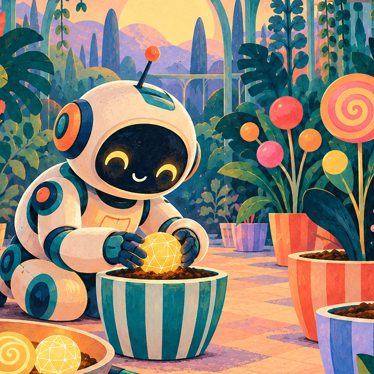 Robot ve Uzay Temalı Fantastik Bahçe Serası Poster — baskının yakın çekimi, kâğıt dokusu ve renk detayı