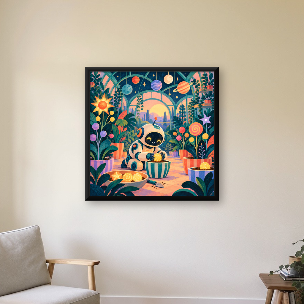 Robot ve Uzay Temalı Fantastik Bahçe Serası Poster — Kare baskı, çerçeveli hâliyle bir ev duvarında