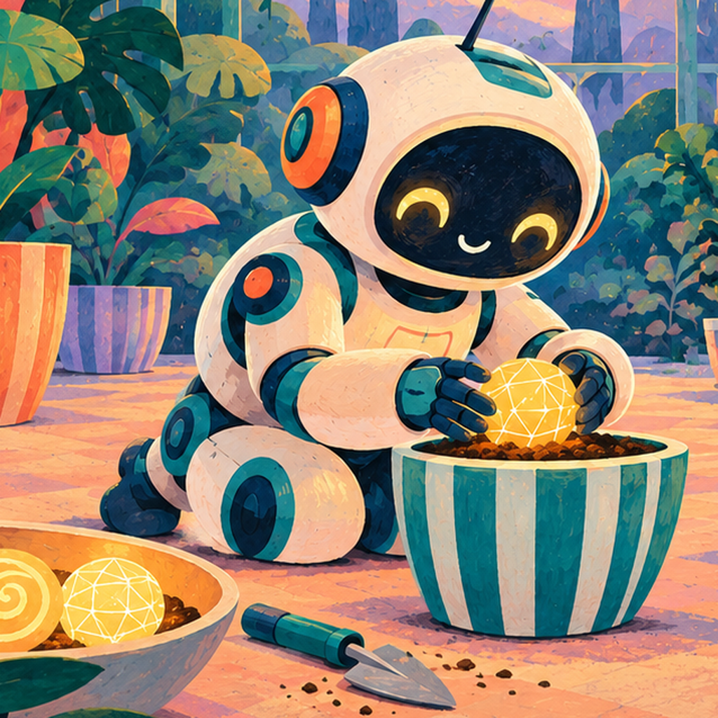 Robot ve Uzay Temalı Fantastik Bahçe Serası Poster — baskının yakın çekimi, kâğıt dokusu ve renk detayı