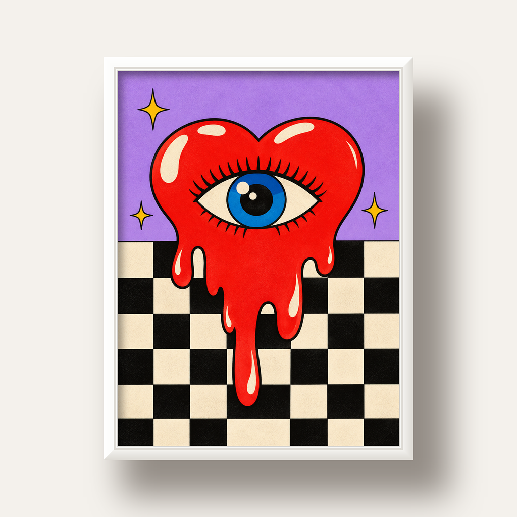 Eriyen Kalp ve Göz Dijital Pop-Art Poster - Renkli Sanat Baskısı — beyaz derin çerçeveli