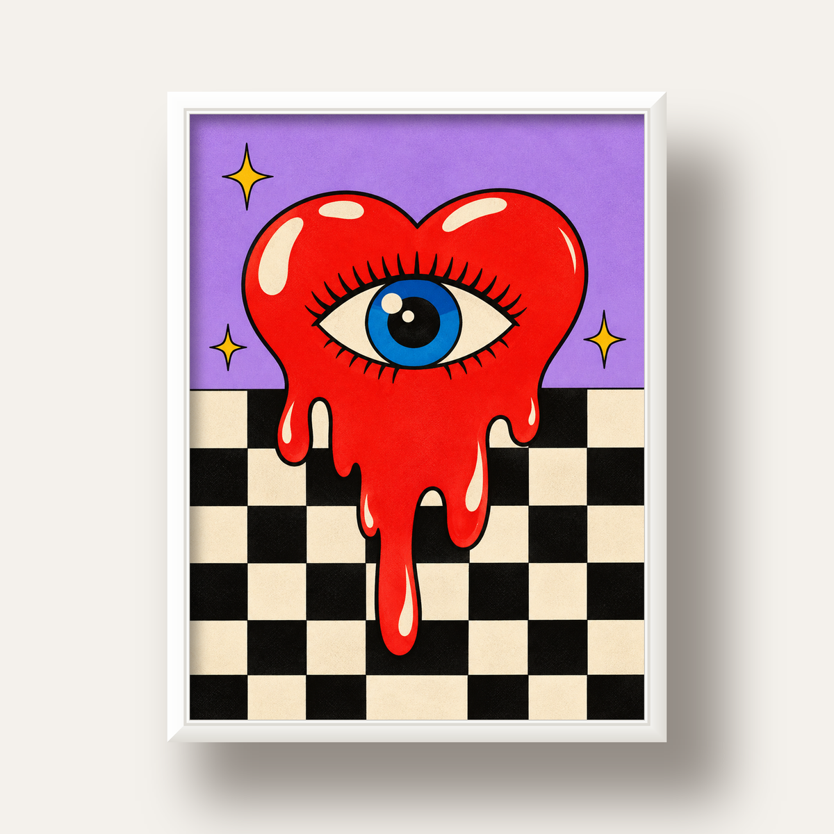 Eriyen Kalp ve Göz Dijital Pop-Art Poster - Renkli Sanat Baskısı — beyaz derin çerçeveli