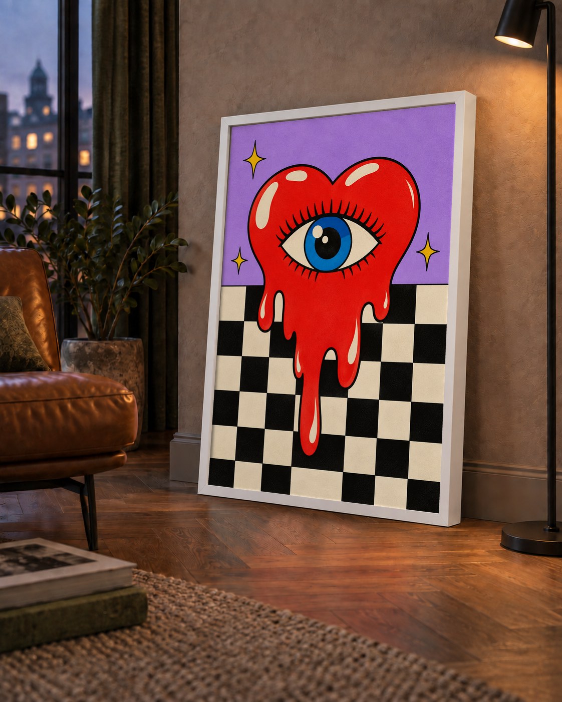 Eriyen Kalp ve Göz Dijital Pop-Art Poster - Renkli Sanat Baskısı — çerçeveli hâliyle bir ev duvarında