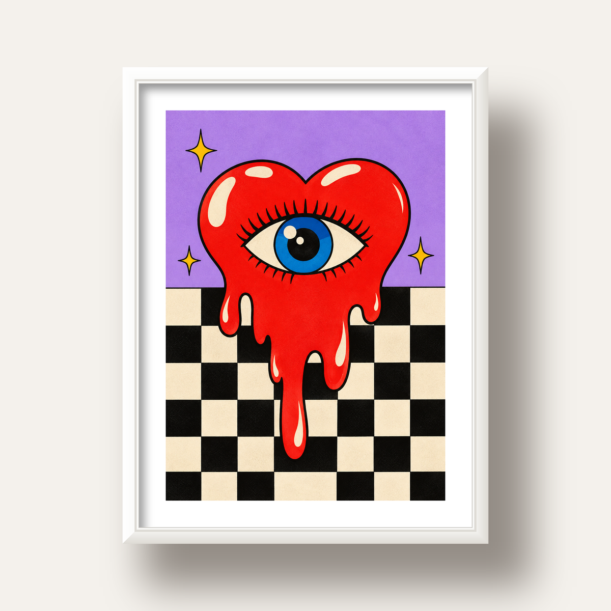 Eriyen Kalp ve Göz Dijital Pop-Art Poster - Renkli Sanat Baskısı — beyaz derin çerçeveli paspartulu