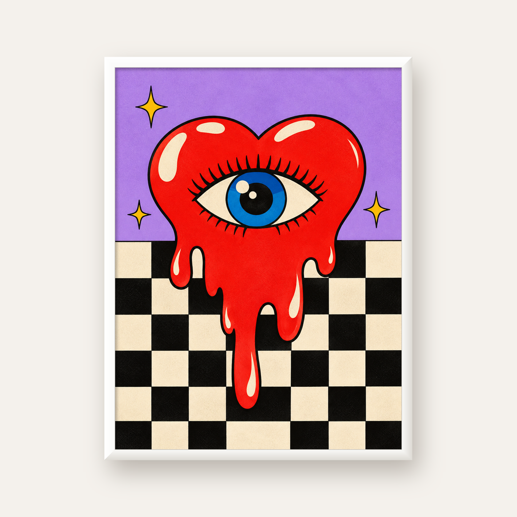 Eriyen Kalp ve Göz Dijital Pop-Art Poster - Renkli Sanat Baskısı — beyaz çerçeveli dikey poster