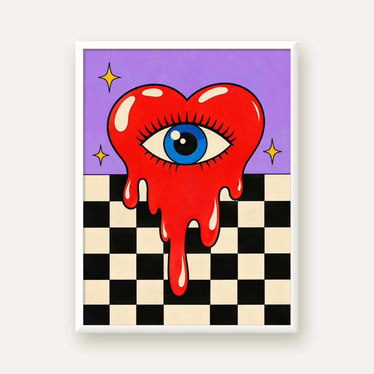 Eriyen Kalp ve Göz Dijital Pop-Art Poster - Renkli Sanat Baskısı — beyaz çerçeveli dikey poster