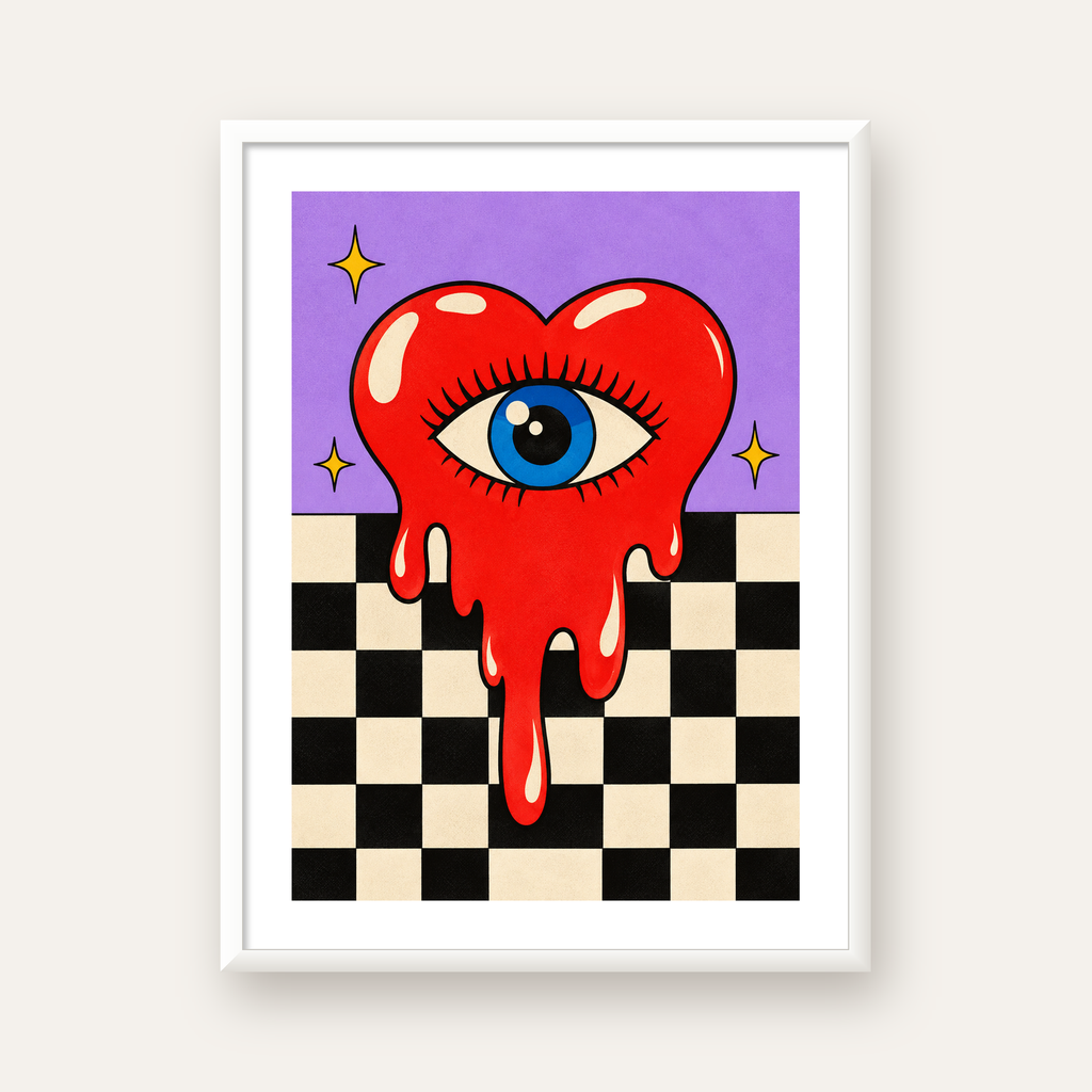 Eriyen Kalp ve Göz Dijital Pop-Art Poster - Renkli Sanat Baskısı — beyaz çerçeveli dikey poster