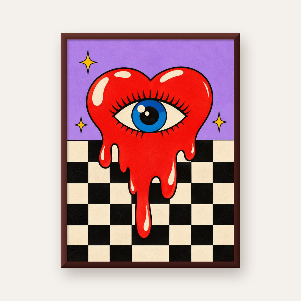 Eriyen Kalp ve Göz Dijital Pop-Art Poster - Renkli Sanat Baskısı — ceviz çerçeveli