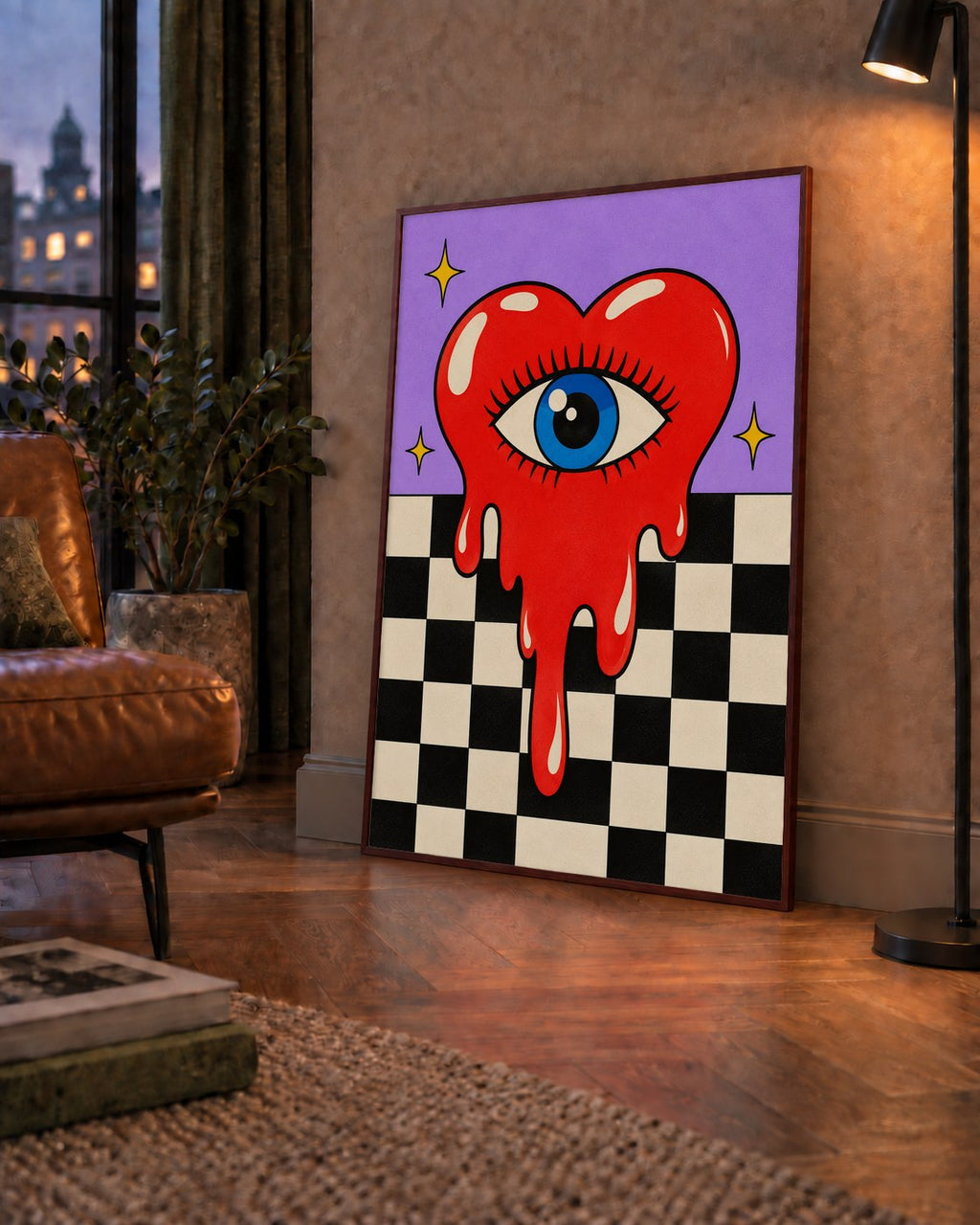 Eriyen Kalp ve Göz Dijital Pop-Art Poster - Renkli Sanat Baskısı — çerçeveli hâliyle bir ev duvarında