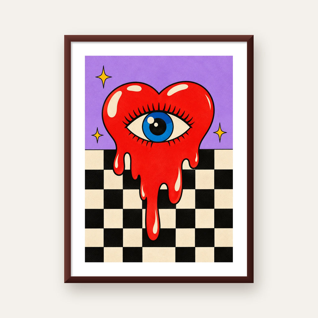 Eriyen Kalp ve Göz Dijital Pop-Art Poster - Renkli Sanat Baskısı — ceviz çerçeveli paspartulu