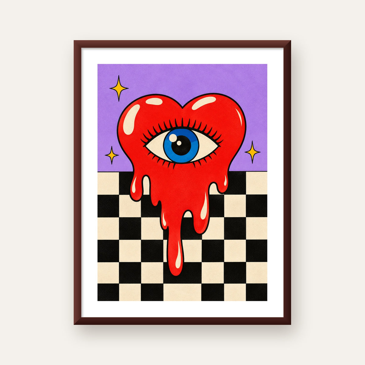 Eriyen Kalp ve Göz Dijital Pop-Art Poster - Renkli Sanat Baskısı — ceviz çerçeveli paspartulu
