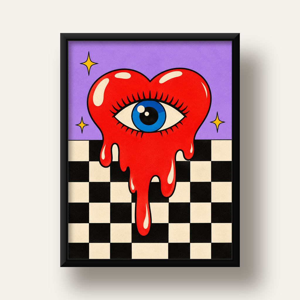 Eriyen Kalp ve Göz Dijital Pop-Art Poster - Renkli Sanat Baskısı — siyah derin çerçeveli