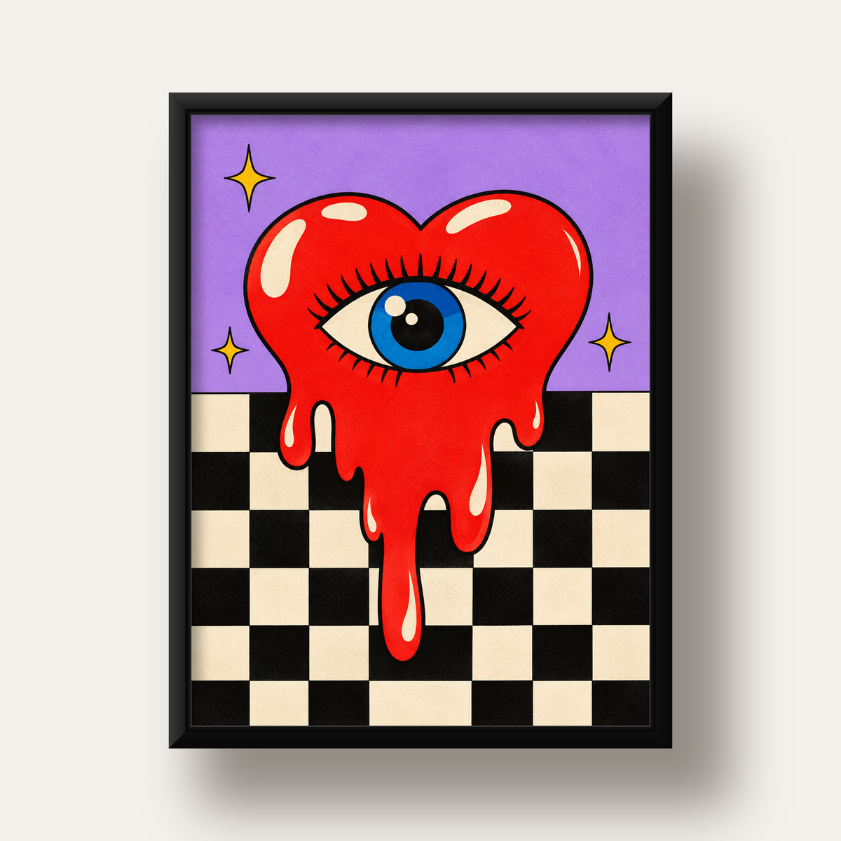 Eriyen Kalp ve Göz Dijital Pop-Art Poster - Renkli Sanat Baskısı — siyah derin çerçeveli