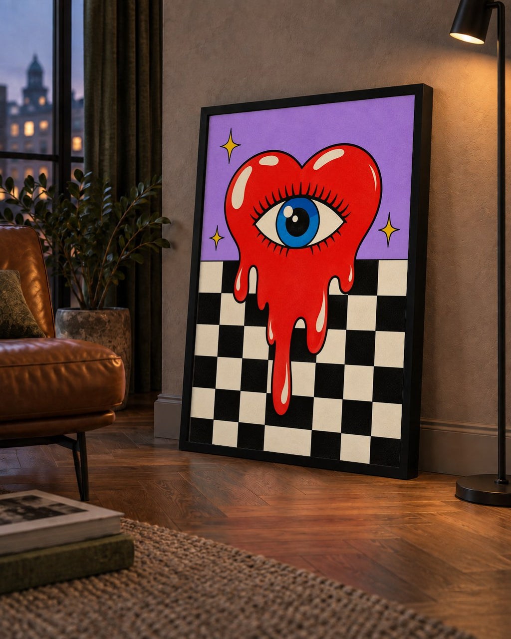 Eriyen Kalp ve Göz Dijital Pop-Art Poster - Renkli Sanat Baskısı — çerçeveli hâliyle bir ev duvarında