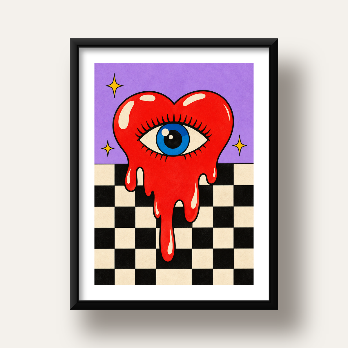 Eriyen Kalp ve Göz Dijital Pop-Art Poster - Renkli Sanat Baskısı — siyah derin çerçeveli paspartulu
