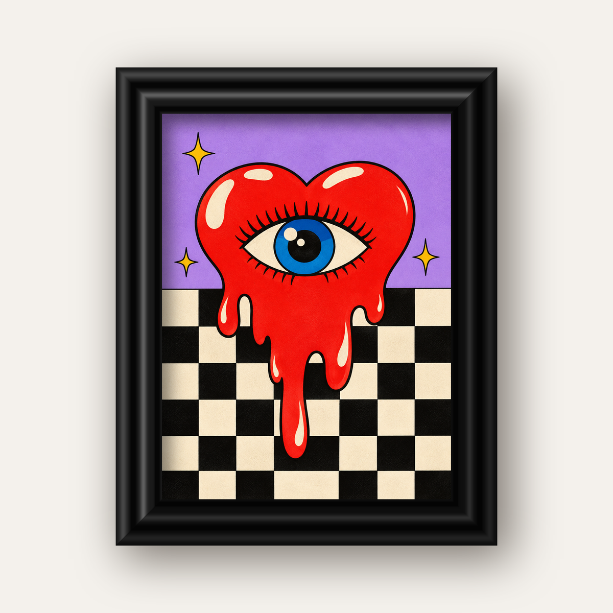 Eriyen Kalp ve Göz Dijital Pop-Art Poster - Renkli Sanat Baskısı — siyah galeri çerçeveli