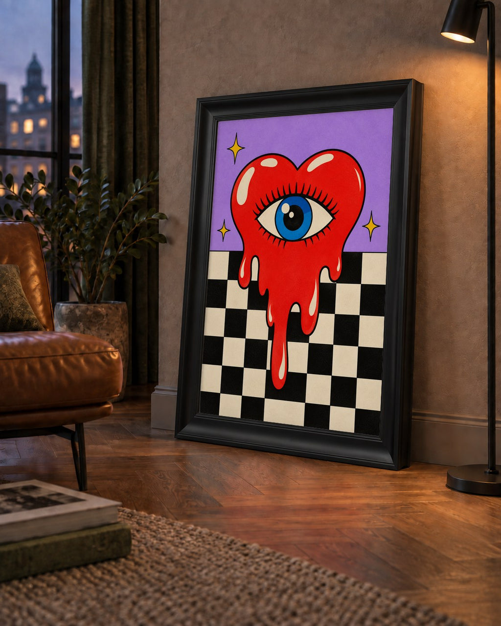 Eriyen Kalp ve Göz Dijital Pop-Art Poster - Renkli Sanat Baskısı — çerçeveli hâliyle bir ev duvarında