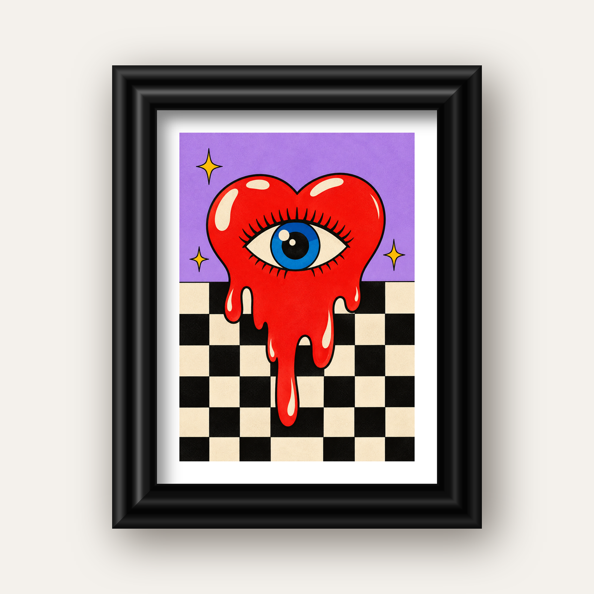Eriyen Kalp ve Göz Dijital Pop-Art Poster - Renkli Sanat Baskısı — siyah galeri çerçeveli paspartulu