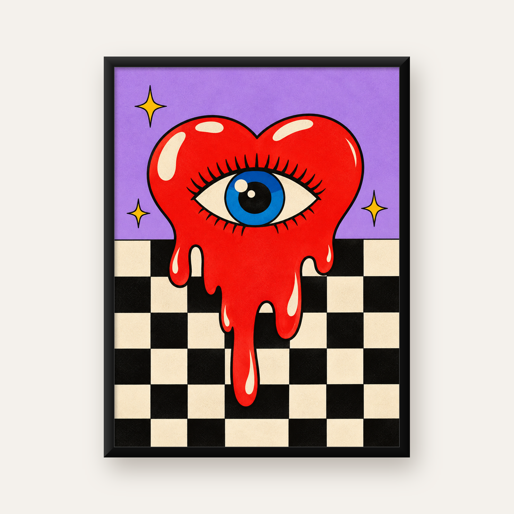 Eriyen Kalp ve Göz Dijital Pop-Art Poster - Renkli Sanat Baskısı — Dikey baskı, düz siyah çerçeveli duvar posteri