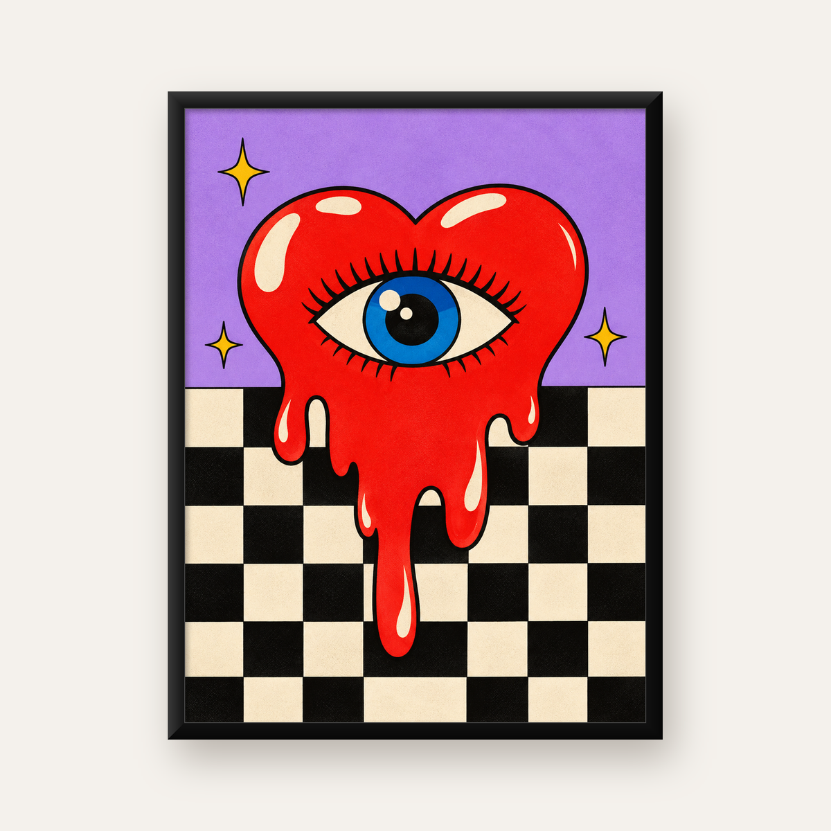 Eriyen Kalp ve Göz Dijital Pop-Art Poster - Renkli Sanat Baskısı — Dikey baskı, düz siyah çerçeveli duvar posteri