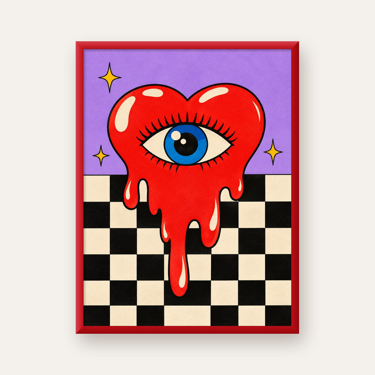 Eriyen Kalp ve Göz Dijital Pop-Art Poster - Renkli Sanat Baskısı — kırmızı çerçeveli