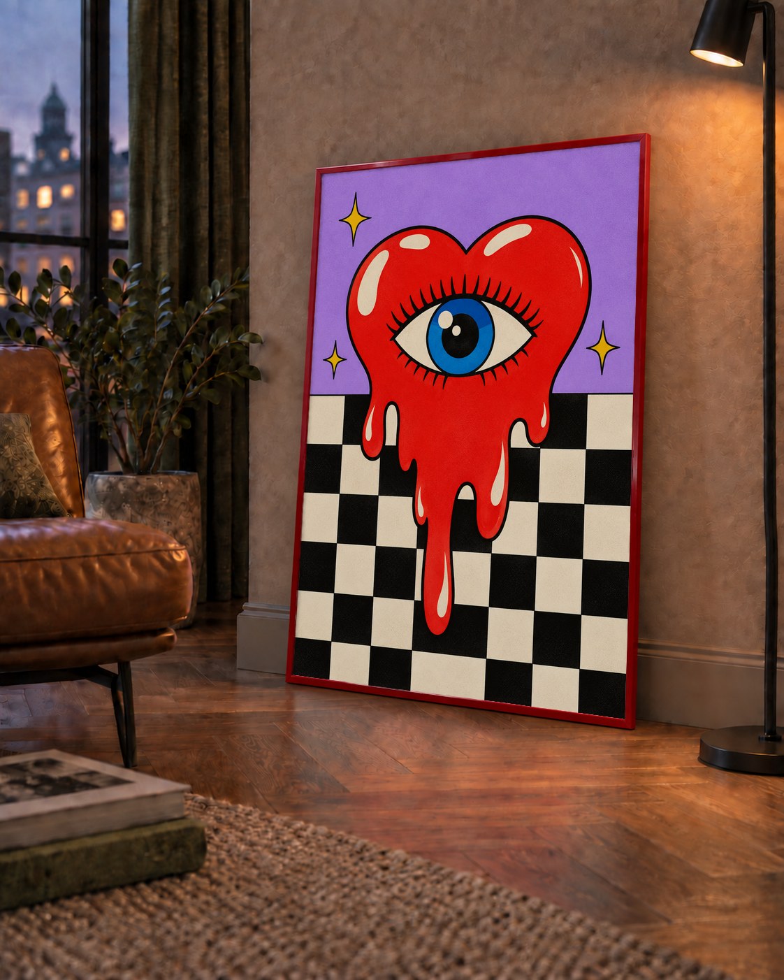 Eriyen Kalp ve Göz Dijital Pop-Art Poster - Renkli Sanat Baskısı — çerçeveli hâliyle bir ev duvarında