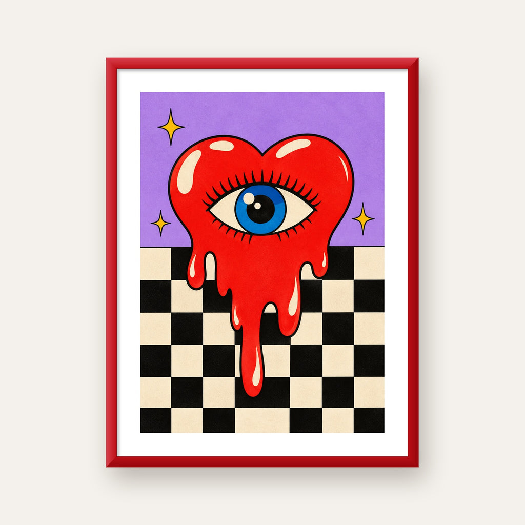 Eriyen Kalp ve Göz Dijital Pop-Art Poster - Renkli Sanat Baskısı — kırmızı çerçeveli paspartulu