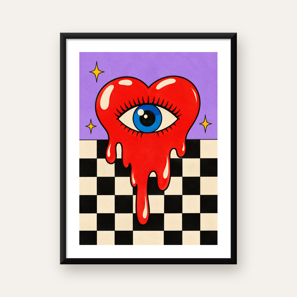 Eriyen Kalp ve Göz Dijital Pop-Art Poster - Renkli Sanat Baskısı — Dikey baskı, beyaz paspartulu