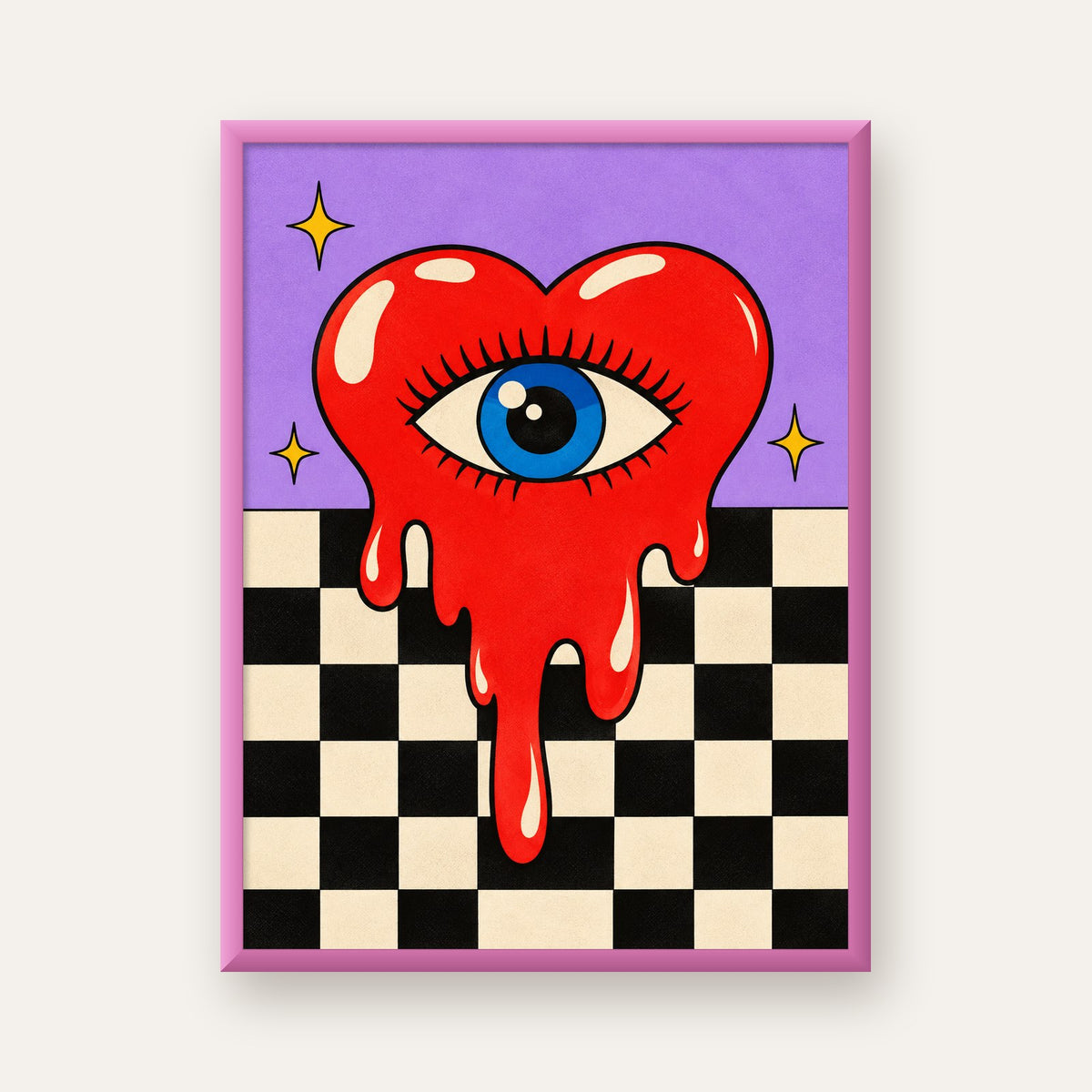 Eriyen Kalp ve Göz Dijital Pop-Art Poster - Renkli Sanat Baskısı — pembe çerçeveli