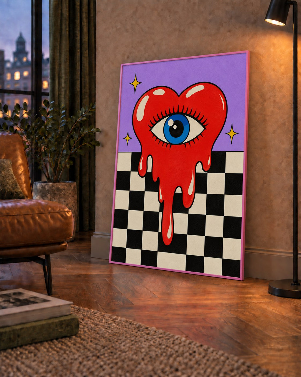 Eriyen Kalp ve Göz Dijital Pop-Art Poster - Renkli Sanat Baskısı — çerçeveli hâliyle bir ev duvarında