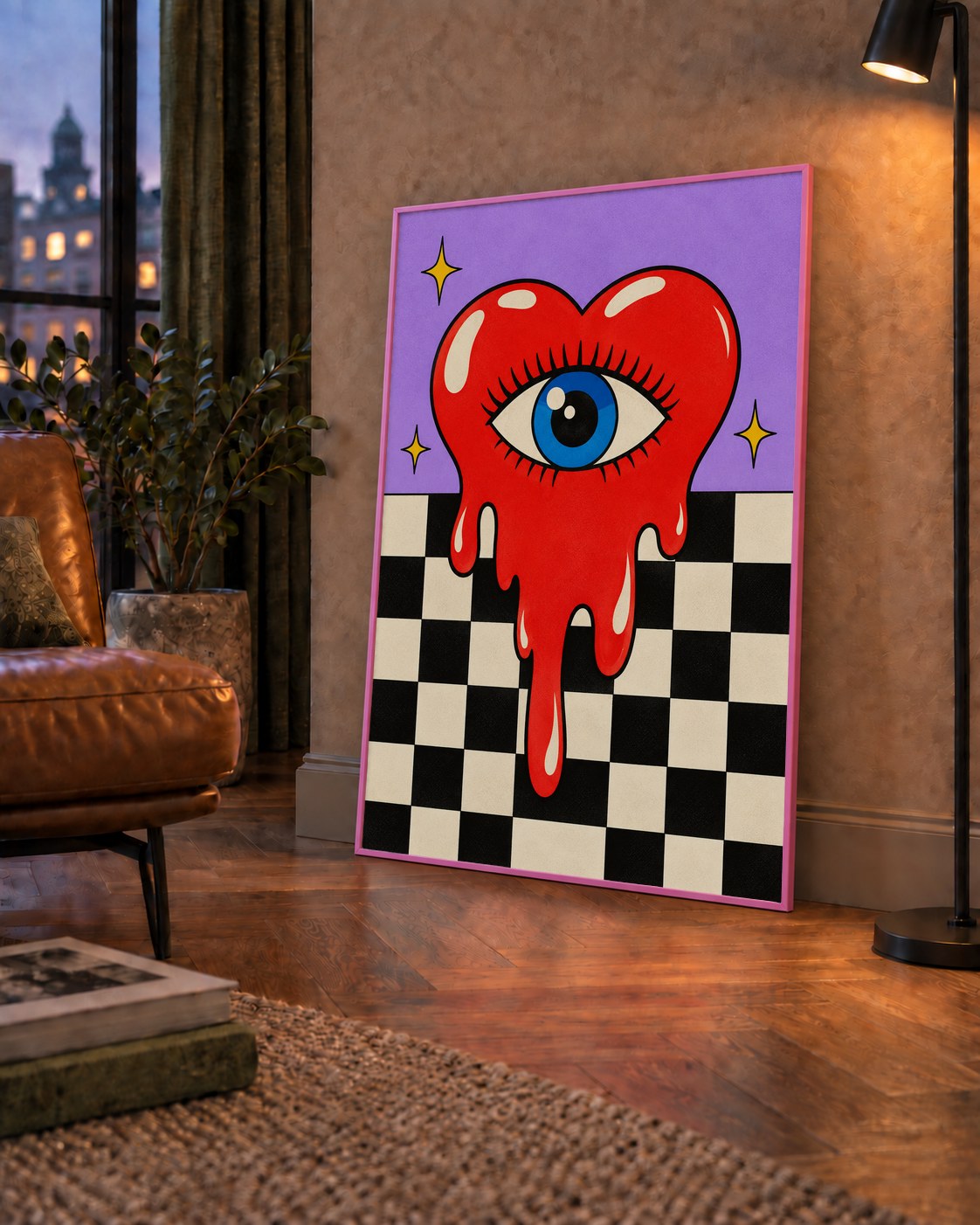 Eriyen Kalp ve Göz Dijital Pop-Art Poster - Renkli Sanat Baskısı — çerçeveli hâliyle bir ev duvarında