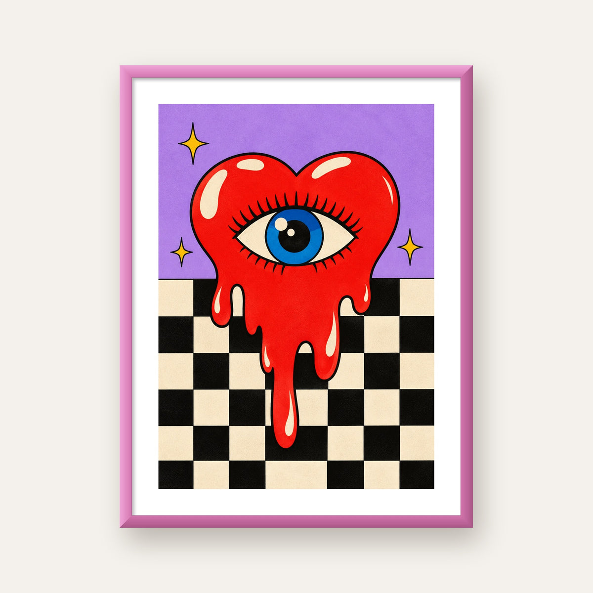 Eriyen Kalp ve Göz Dijital Pop-Art Poster - Renkli Sanat Baskısı — pembe çerçeveli paspartulu