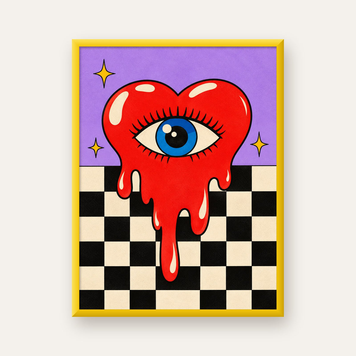 Eriyen Kalp ve Göz Dijital Pop-Art Poster - Renkli Sanat Baskısı — sarı çerçeveli