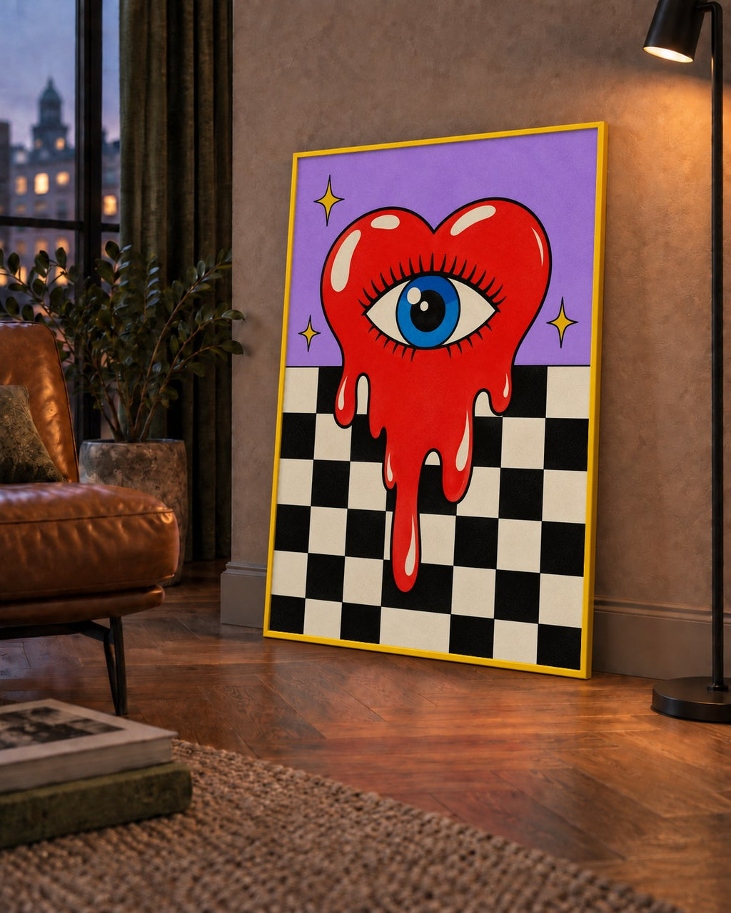 Eriyen Kalp ve Göz Dijital Pop-Art Poster - Renkli Sanat Baskısı — çerçeveli hâliyle bir ev duvarında