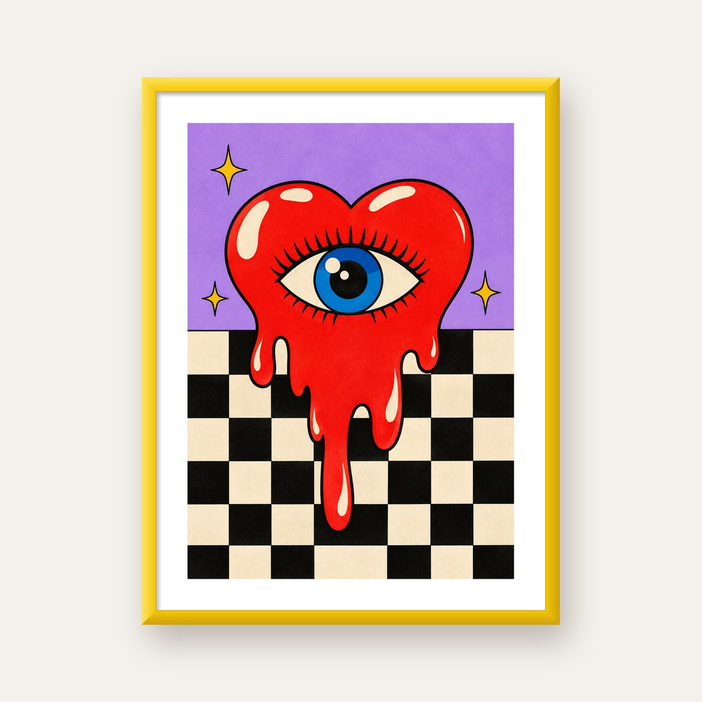 Eriyen Kalp ve Göz Dijital Pop-Art Poster - Renkli Sanat Baskısı — sarı çerçeveli paspartulu