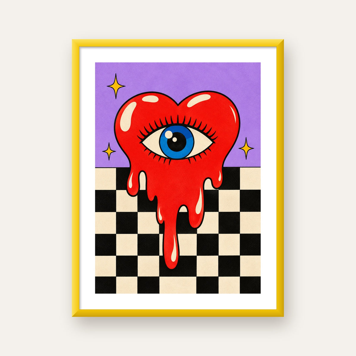 Eriyen Kalp ve Göz Dijital Pop-Art Poster - Renkli Sanat Baskısı — sarı çerçeveli paspartulu