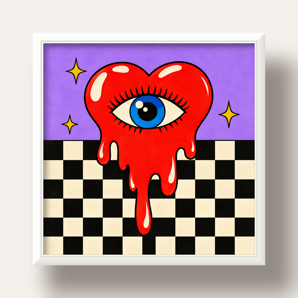 Eriyen Kalp ve Göz Dijital Pop-Art Poster - Renkli Sanat Baskısı — beyaz derin çerçeveli