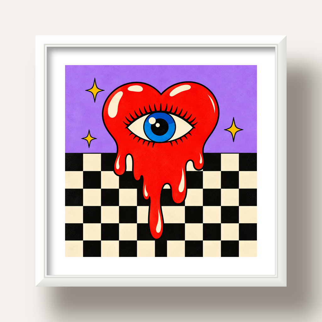 Eriyen Kalp ve Göz Dijital Pop-Art Poster - Renkli Sanat Baskısı — beyaz derin çerçeveli paspartulu
