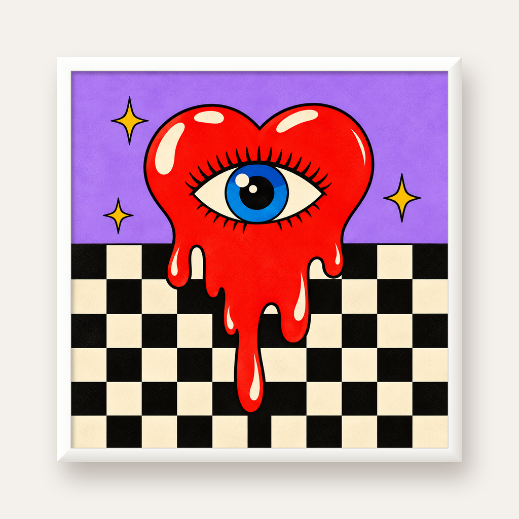 Eriyen Kalp ve Göz Dijital Pop-Art Poster - Renkli Sanat Baskısı — beyaz çerçeveli kare poster
