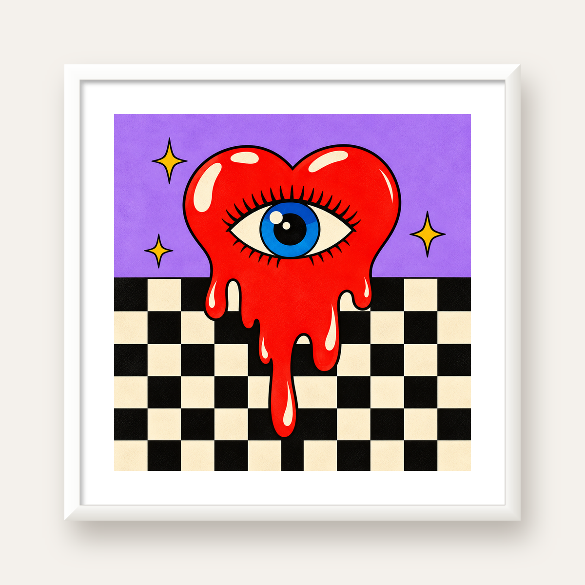 Eriyen Kalp ve Göz Dijital Pop-Art Poster - Renkli Sanat Baskısı — beyaz çerçeveli kare poster